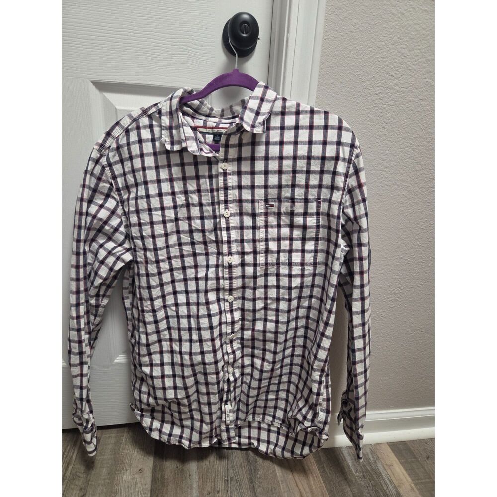 Tommy Hilfiger Men's Long Sleeve Plaid Button Down Shirt Off White Navy XL